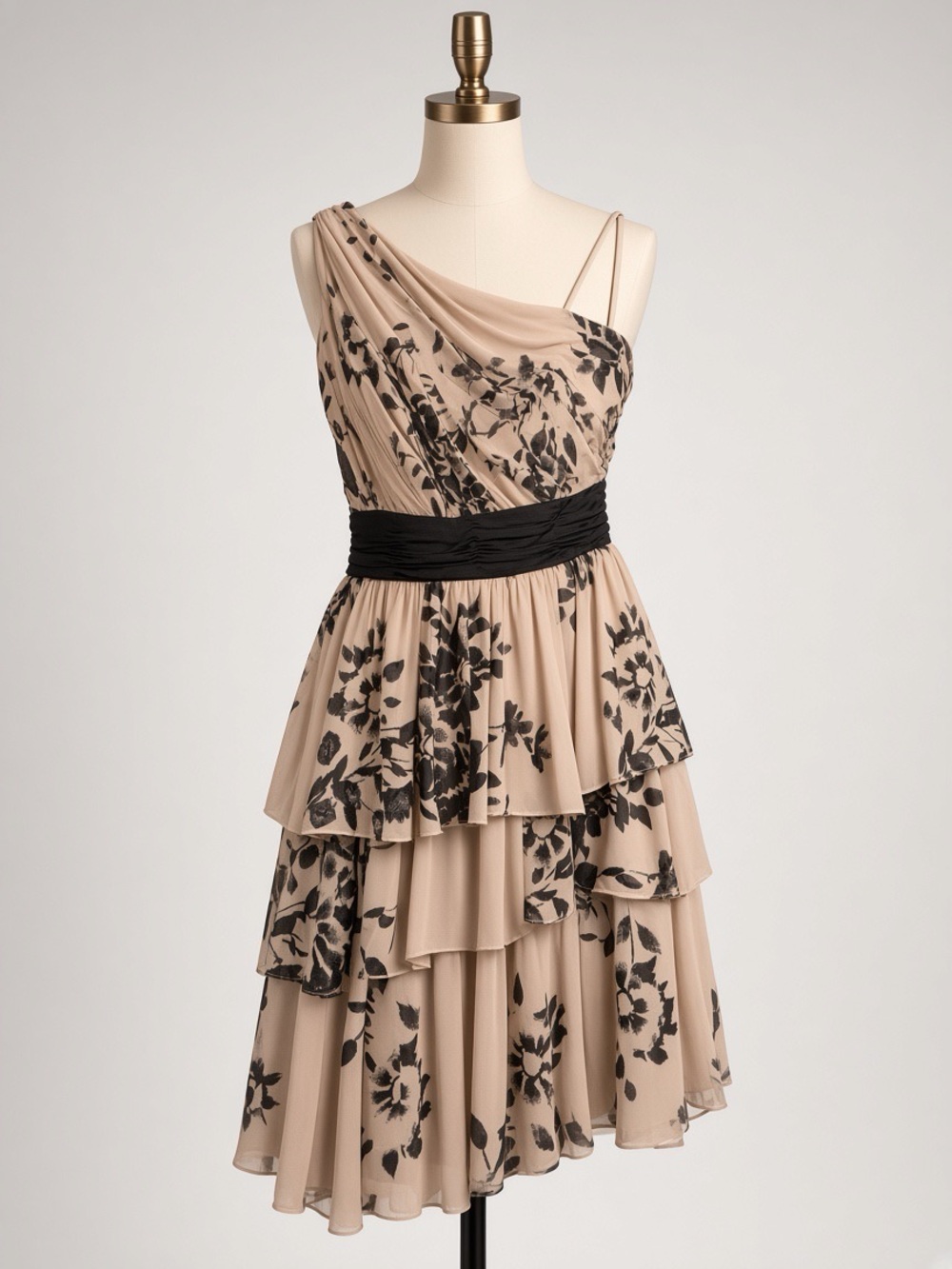 BCBGMaxAzria Beige Floral One-Shoulder Tiered Dress with Black Waistband